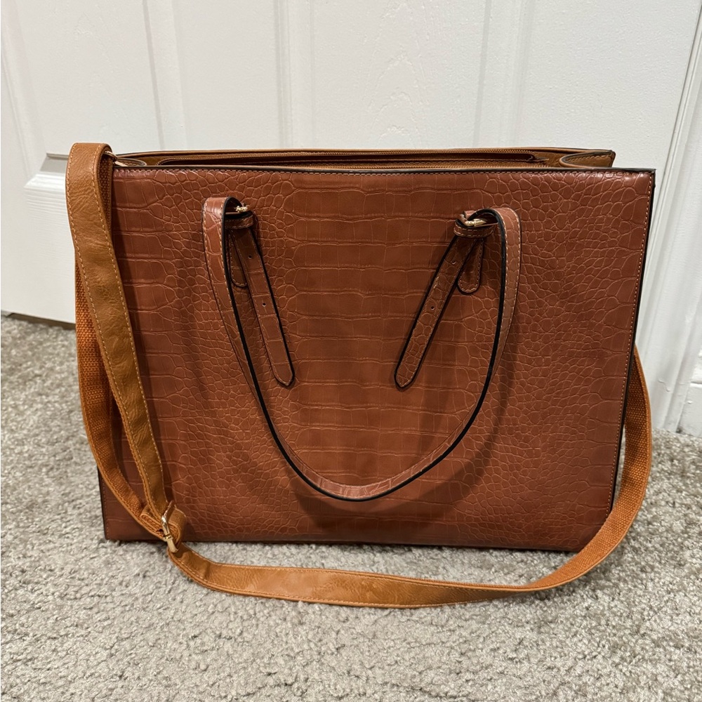 Classic Cognac Laptop Tote Bag with Shoulder Strap